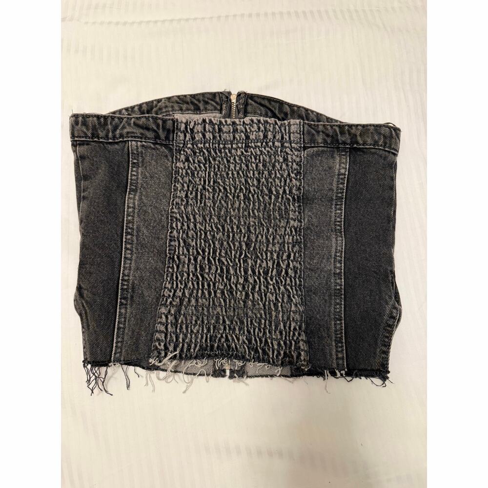 Zara Women’s Black Frayed Contrast Stitch Patchwork Denim Corset Top-small - Picture 2 of 3